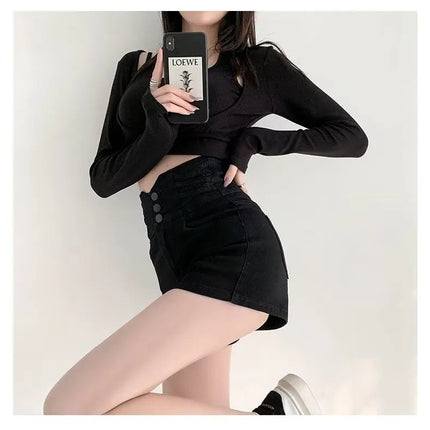 Women's super high waisted denim shorts for summer girls, new black A-line waist cinching slimming design, hot pants PlatiNum