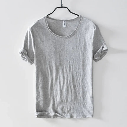 Retro Raw Edge T-Shirt for Men, 100% Cotton, Lightweight,Breathable,Slim-fit, Monochromatic, O-Neck, Casual Basic Top PlatiNum