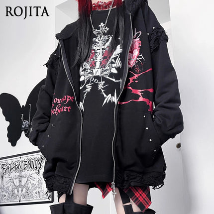 Original Print Subculture Dark Loose Cat Ear Distressed Hooded Sweatshirt Jacket Zip Up Hoodie Oversized Hoodie