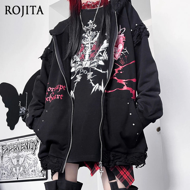 Original Print Subculture Dark Loose Cat Ear Distressed Hooded Sweatshirt Jacket Zip Up Hoodie Oversized Hoodie