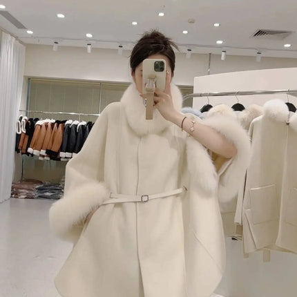 UCXQ Korean Style Two Sided Cloak Overcoat For Women Fur Collars Belt Loose Long Coats 2025 Winter New 23Z2284