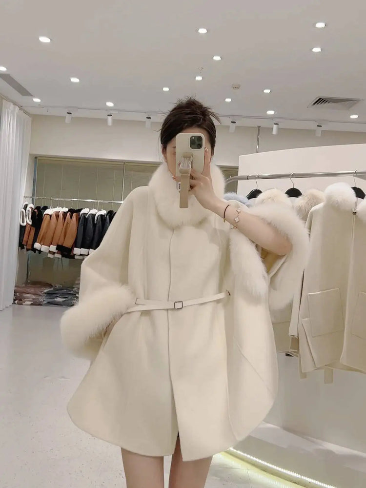 UCXQ Korean Style Two Sided Cloak Overcoat For Women Fur Collars Belt Loose Long Coats 2025 Winter New 23Z2284