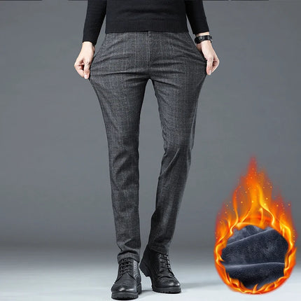 Autumn Winter New Fleece Thickened Casual Pants Men Business Straight Slim Plaid Pants Black Gray Men's Warm Trousers