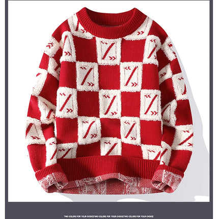 New Men's Fashion Round Neck Print Sweater Autumn Winter Contrast Color Printed Letter Long Sleeve Loose Casual Knitted Tops