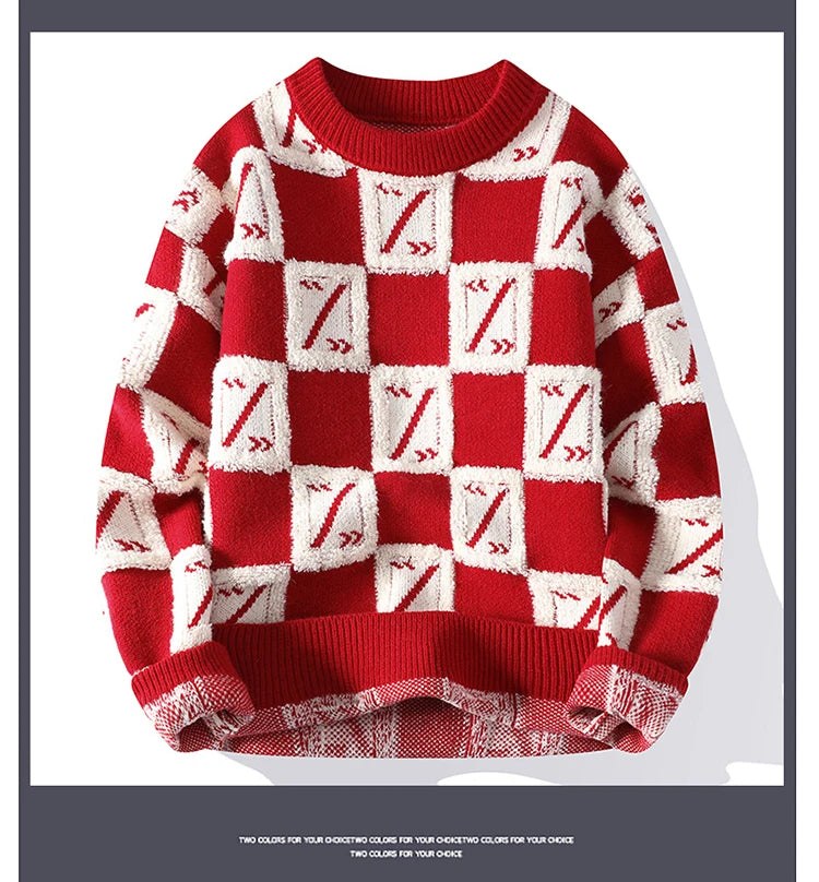 New Men's Fashion Round Neck Print Sweater Autumn Winter Contrast Color Printed Letter Long Sleeve Loose Casual Knitted Tops