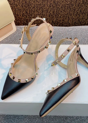 Lady autentici sandali in pelle cinturino con fibbia tacchi alti sottili scarpe alla moda Lock Gold Studs Dress Pumps 33-41 25cm White Blac
