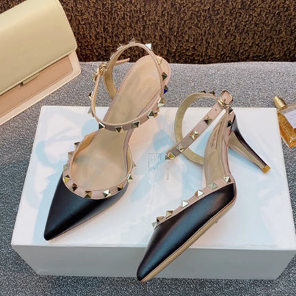 Lady autentici sandali in pelle cinturino con fibbia tacchi alti sottili scarpe alla moda Lock Gold Studs Dress Pumps 33-41 25cm White Blac