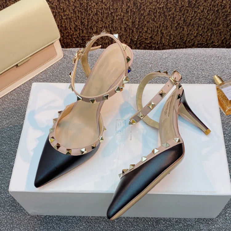 Lady autentici sandali in pelle cinturino con fibbia tacchi alti sottili scarpe alla moda Lock Gold Studs Dress Pumps 33-41 25cm White Blac