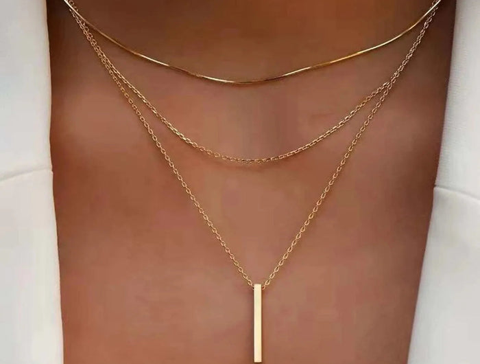 Collana impilabile a tre strati in argento sterling 925 da donna con ciondolo a striscia semplice, gioielli con catena a clavicola ipoallergenica impermeabile PlatiNum