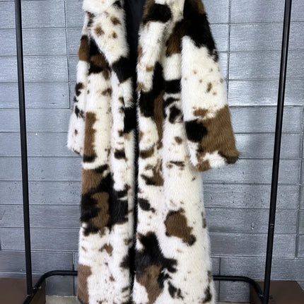 ZADORIN 130cm Long Thicken Lapel Cow Print White Brown Faux Fur Coat Woman Clothing Luxury Fluffy Jacket Winter Fur Coats Woman