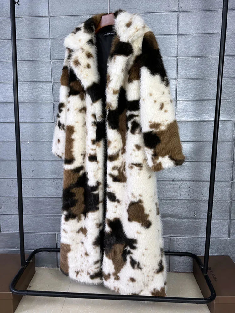 ZADORIN 130cm Long Thicken Lapel Cow Print White Brown Faux Fur Coat Woman Clothing Luxury Fluffy Jacket Winter Fur Coats Woman