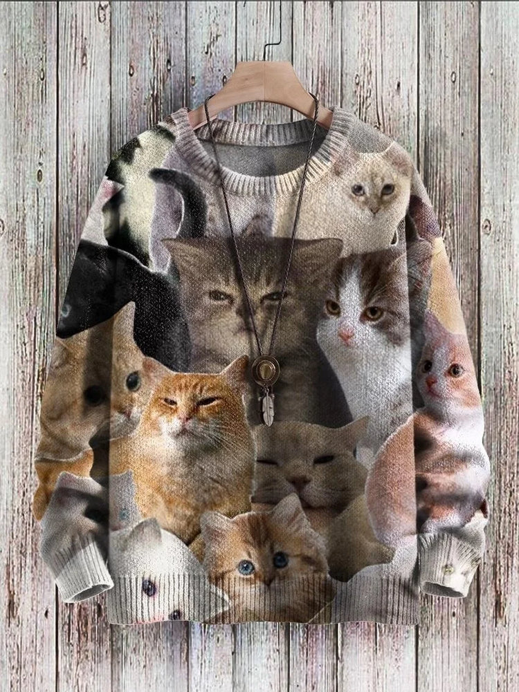 Cute Black Cat Graphic Retro Pattern 3D Printed Men's Knitted Pullover Winter Unisex Casual Warm Knit Pullover Sweater