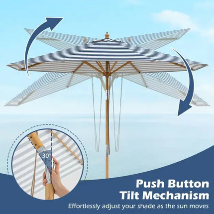 Bamboo Patio Umbrella with Push Button, Polyester Canopy, 8 Rustic Bamboo Ribs, Wind Resistant, Outdoor Sunshade for Garden, Poolside, Beach