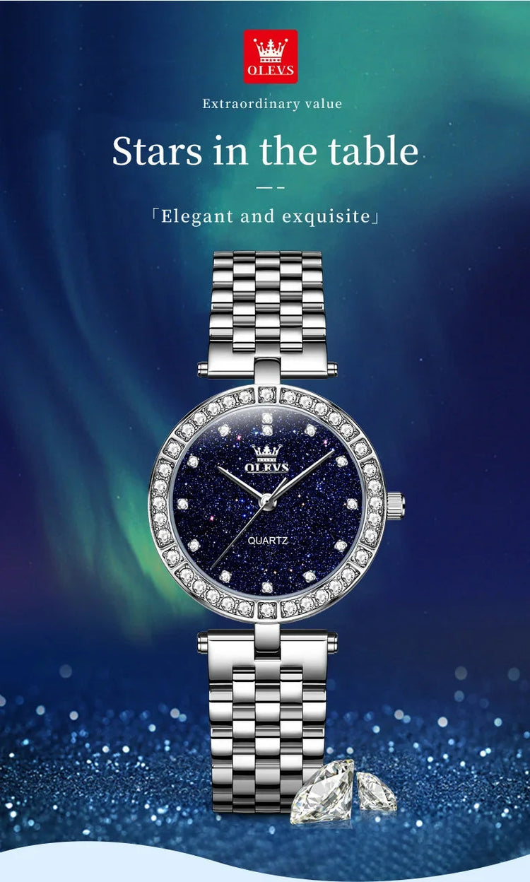 OLEVS 3641 Elegante orologio al quarzo da donna impermeabile Quadrante stellato luminoso in acciaio inossidabile con confezione regalo - Accessorio alla moda da donna platinumshop