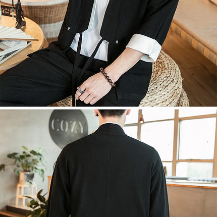 Nuova Camicia Uomo Kimono Giapponese in Cotone e Lino, T-shirt Comoda e Traspirante, Costume da Samurai Tradizionale, Camicia Casual Haori per Uomo