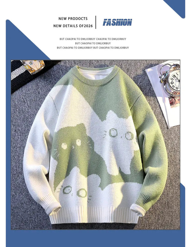 Cartoon Cat's New Knitted Sweater 2025 Men's Autumn/Winter Warm Knitted Sweater Men's Pullover Home Clothes