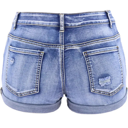 Women's Split Denim Shorts Summer Beach Wild Fashion Sexy Mid Waist Curled Cuff Perforated Elastic Slim Fit Casual Shorts PlatiNum