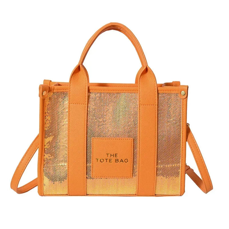 Sequins Top-Handle Bags Fashion PU Leather Shoulder Bag Large Capacity Travel Handbag Women Trendy Casual Satchel Tote Purse PlatiNum