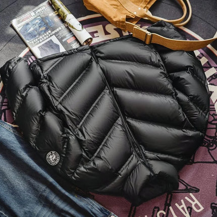 Maden Men's 90% White Duck Down Jacket Black Stand Collar Short Quilted Puffer Jacket Thermal Coat for Winter Streetwear