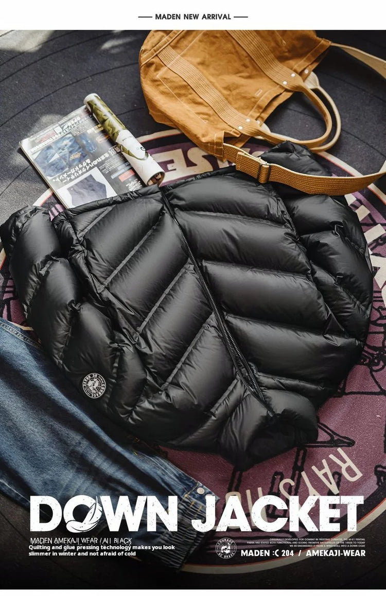 Maden Men's 90% White Duck Down Jacket Black Stand Collar Short Quilted Puffer Jacket Thermal Coat for Winter Streetwear