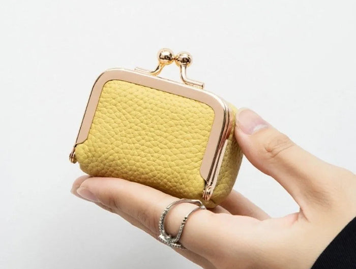 Genuine Leather Kiss Lock Coin Purse Solid Color Multifunctional Leather Jewelry Bag Mini Square Small Item Bag Jewelry Storage PlatiNum