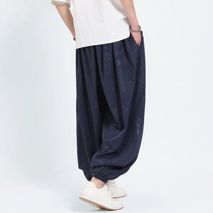 Pantaloni Estivi da Uomo Stile Cinese in Seta Ghiaccio con Motivo Drago Ukiyo-e, Comodi e Trendy, Pantaloni Casual Oversize da Uomo