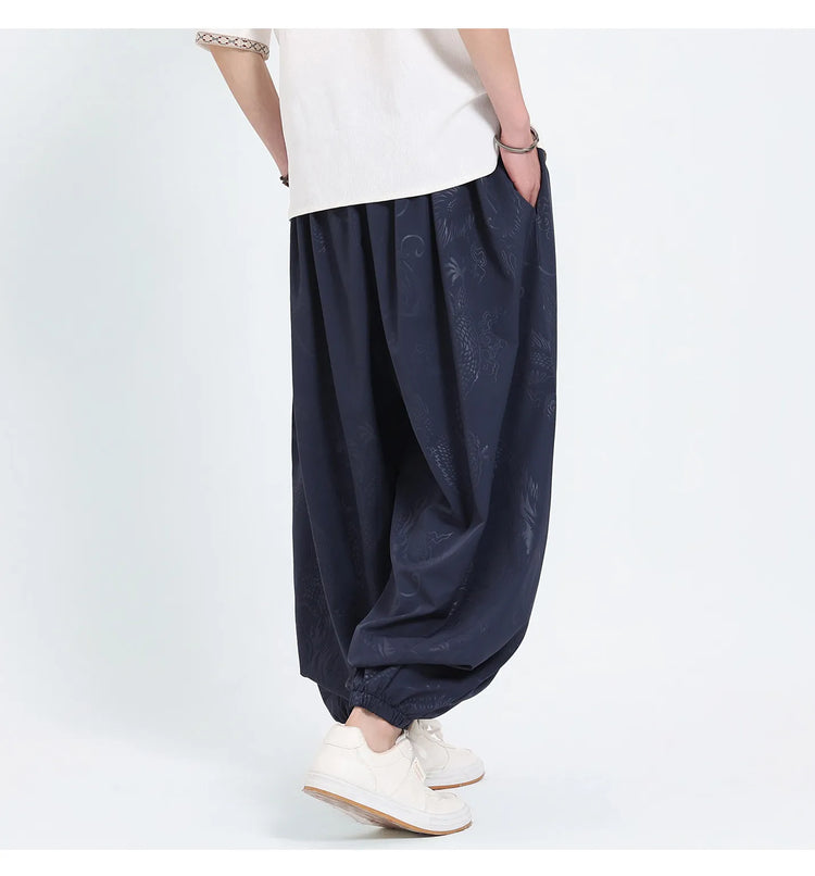 Pantaloni Estivi da Uomo Stile Cinese in Seta Ghiaccio con Motivo Drago Ukiyo-e, Comodi e Trendy, Pantaloni Casual Oversize da Uomo