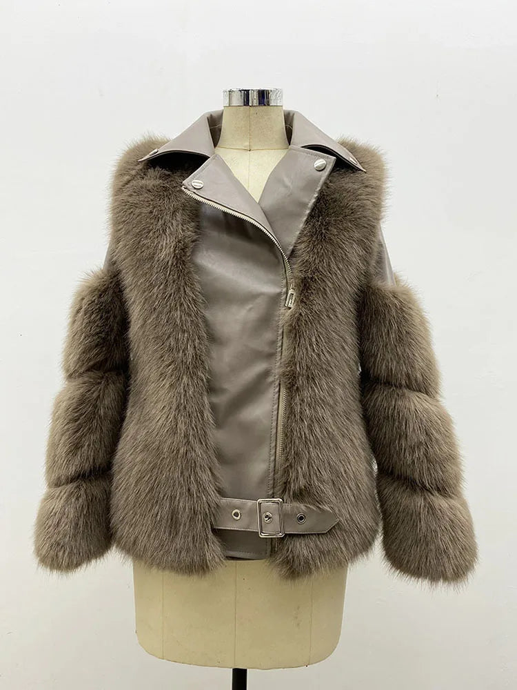 ZADORIN Top Fashion Luxury FAUX Fox Fur Coat Motorcycle PU Leather Turn Down Collar Warm Faux Fur Jacket Women Autumn Winter New