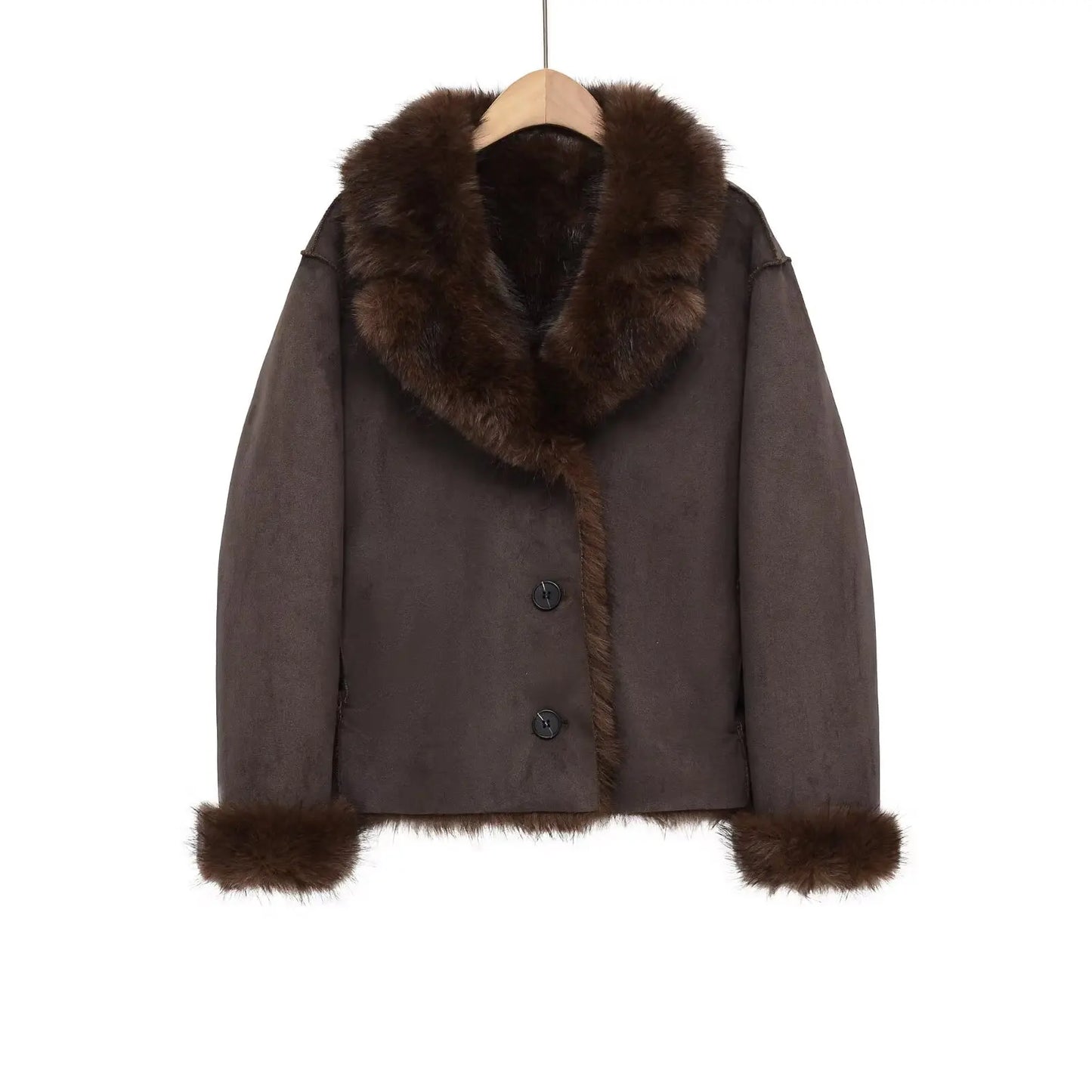 New in Reversible Double-faced Faux Fur Jacket for Women Stylish Lapel Collar Crossover Button-up Outwears Winter Brown Overcoat
