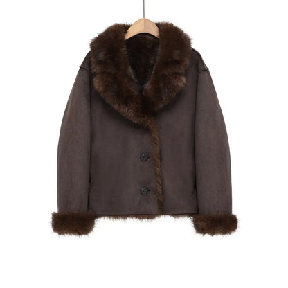 New in Reversible Double-faced Faux Fur Jacket for Women Stylish Lapel Collar Crossover Button-up Outwears Winter Brown Overcoat