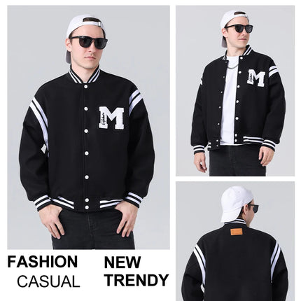 Men's Casual Letterman Jacket Varsity Baseball Coat Vintage Racing Style Streetwear Outerwear with Fine M Letter Embroidery