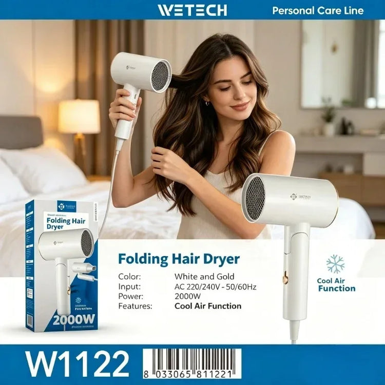 Lightweight Foldable Compact Hair Dryer, 1600W 2000W Negative Ions Blow Dryer, Fast‑Drying with Cold Air Function for Travel Salon Home Use