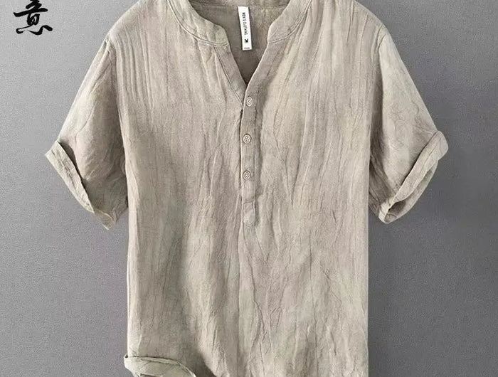 Men's High-End Loose Spring and Summer Chinese Style Short-Sleeved Cotton Linen Casual Breathable Shirt Collar T-shirt