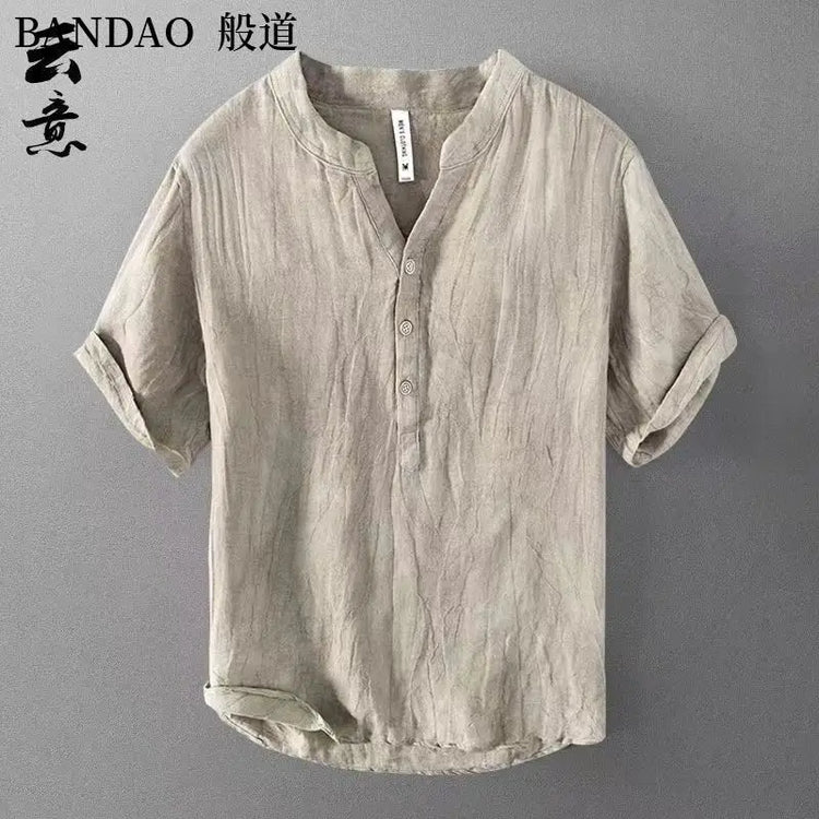 T-shirt con colletto della camicia traspirante casual in lino di cotone a maniche corte da uomo di fascia alta allentata primavera ed estate in stile cinese