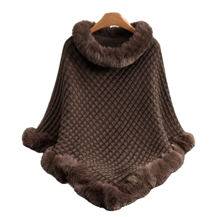 European and American Fall/Winter New Arrival Knitted Pattern Women's Wraparound Faux Fur Collar Pullover Loose Oversized Cape