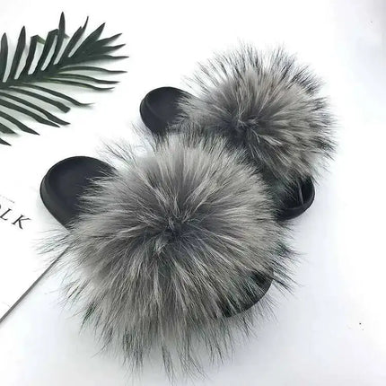 Real Raccoon Fur Slippers for Women 2023 Summer Fluffy Indoor Home Fuzzy Flat Slides Outdoor Fashion Beach Sandals Flip Flops