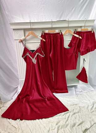 Set da notte in raso da 5 pezzi abito sottoveste in pizzo Cami Top pantaloncini con volant pantaloni da salotto pigiameria da notte da donna