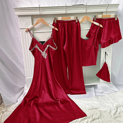 Set da notte in raso da 5 pezzi abito sottoveste in pizzo Cami Top pantaloncini con volant pantaloni da salotto pigiameria da notte da donna
