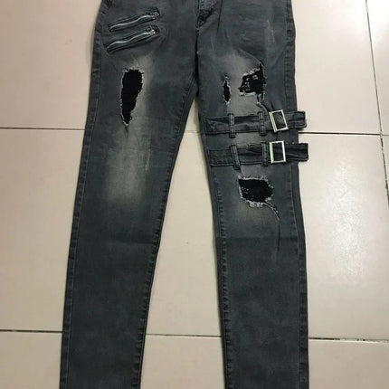 Zipper Decoration Slim Fit Biker Jeans Men Cotton Stretchy Ripped Skinny Jeans High Quality Hip Hop Black Oversize Denim Pants PlatiNum