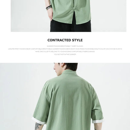 Camicie Retrò da Uomo Ricamate Stile Kung Fu Tai Chi, Camicie Casual a Maniche Corte, Stile Cinese in Lino Traspirante e Cotone per Uomo