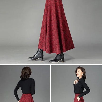 New Women Woolen Plaid Skirt Autumn Winter Fashion Elastic High Waist A-Line Wool Blended Long Skirt Simplicity Vintage Skirt PlatiNum