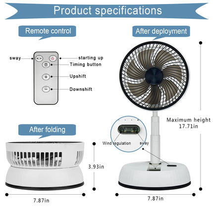 Ventilatore pieghevole portatile 6000mAh Dispositivo di raffreddamento dell'aria con telecomando USB Ventilatore da pavimento wireless ricaricabile silenzioso per la casa all'aperto