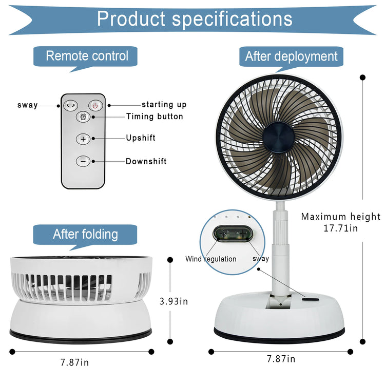 Ventilatore pieghevole portatile 6000mAh Dispositivo di raffreddamento dell'aria con telecomando USB Ventilatore da pavimento wireless ricaricabile silenzioso per la casa all'aperto
