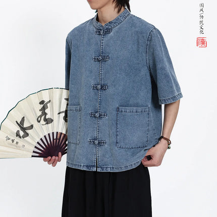 Nuove Giacche in Denim Estive Uomo/Donna Stile Cinese Vintage Lavato Camicie Personalizzate Uomo Kung Fu Casual Baggy Cotone Giacca Tang