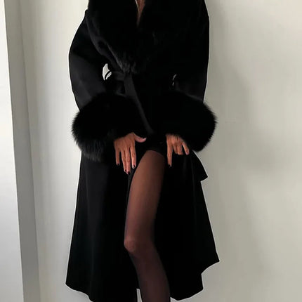 Retro Black Fur Patchwork Woolen Coat Women Chic Full Sleeve V-neck Lace Up Loose Long Overcoat 2025 Lady Winter Commute Outwear