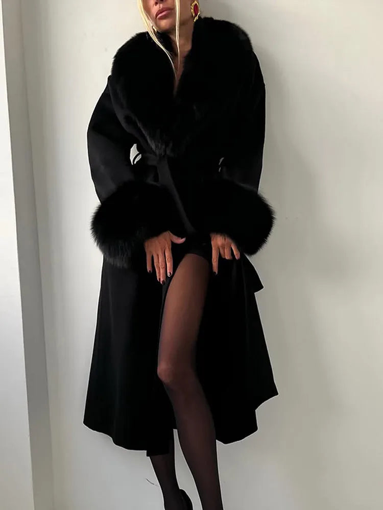 Retro Black Fur Patchwork Woolen Coat Women Chic Full Sleeve V-neck Lace Up Loose Long Overcoat 2025 Lady Winter Commute Outwear