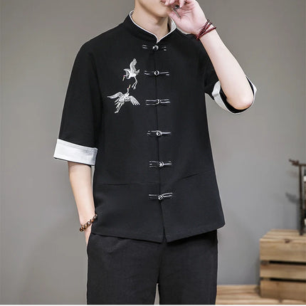 Camicie con ricamo gru Abbigliamento tradizionale cinese vintage Mezza manica da uomo in lino Solido colletto Madarin Cardigan Hanfu Kungfu