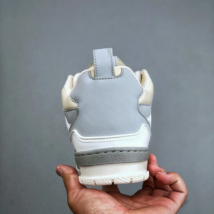 Unisex White‑Grey Mesh Leather Patchwork Low‑Top Sneakers, Geometric Cutout Thick Sole Lace‑Up Street Casual Skate Shoes