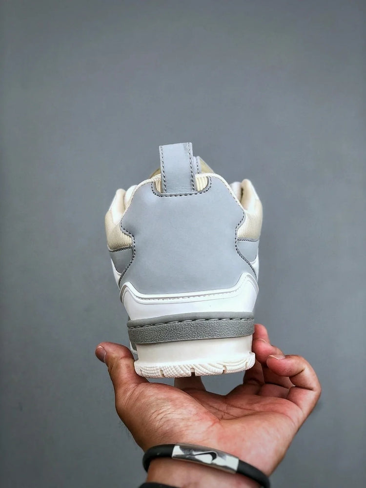 Unisex White‑Grey Mesh Leather Patchwork Low‑Top Sneakers, Geometric Cutout Thick Sole Lace‑Up Street Casual Skate Shoes