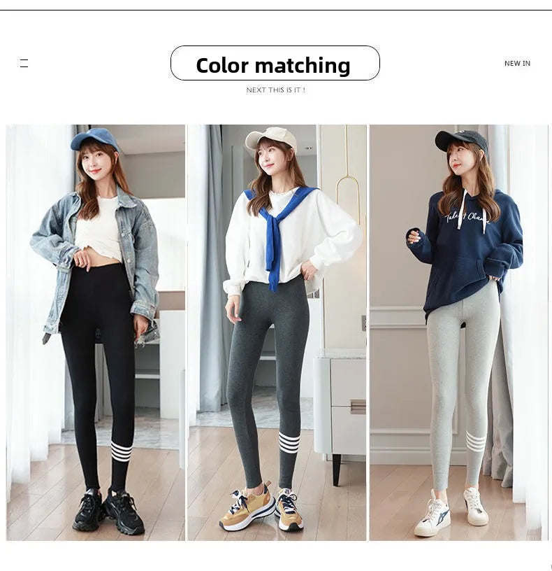 Autumn Winter Warm Thick Cotton Leggings for Women Fleece Lined Slim Fit Thermal Pants with Four Stripe Design